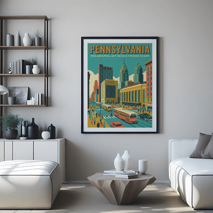 Art deco poster of Philadelphia skyline with trolley and buildings.