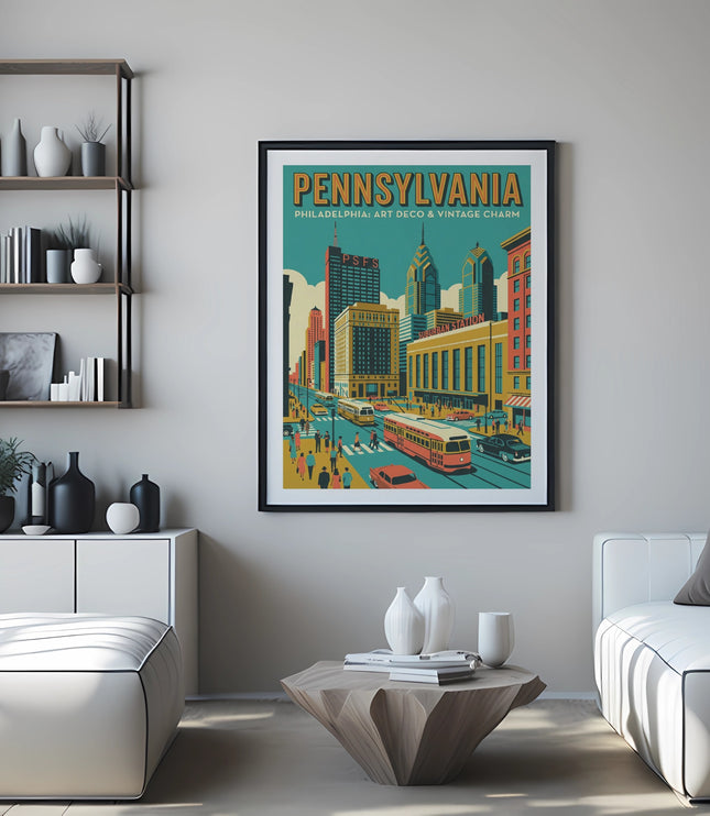 Art deco poster of Philadelphia skyline with trolley and buildings.