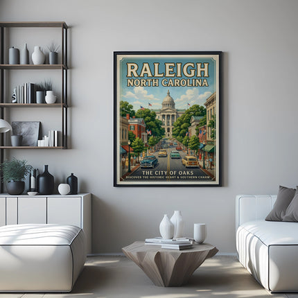 Raleigh North Carolina poster depicting the city and capitol building.