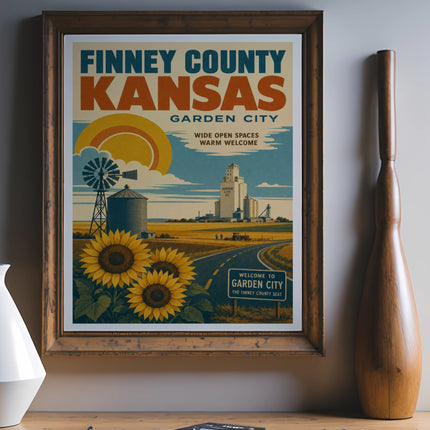 Poster for Finney County, Kansas, featuring sunflowers, a grain elevator, and text.