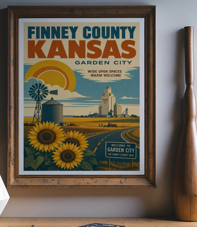 Poster for Finney County, Kansas, featuring sunflowers, a grain elevator, and text.