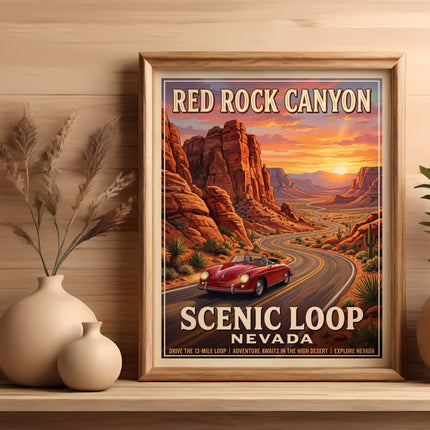 Red Rock Canyon Scenic Loop Nevada poster with a classic red convertible.