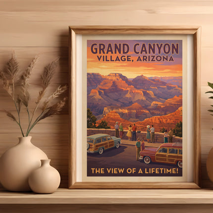 Grand Canyon Village, Arizona retro poster with vintage cars and people overlooking the canyon.