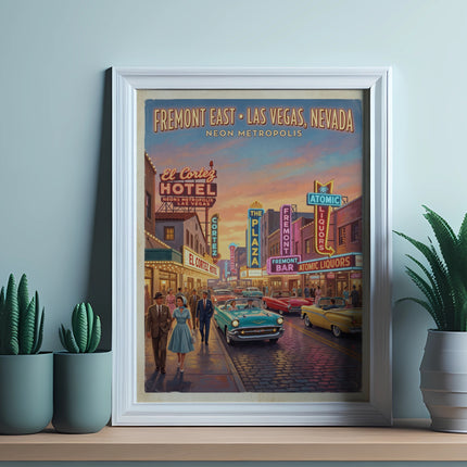 Fremont East Las Vegas poster with El Cortez Hotel, neon signs, vintage cars, and people.