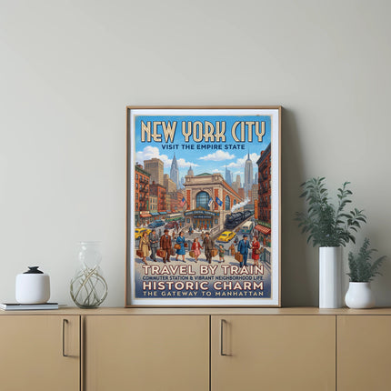 New York City poster with Grand Central Terminal illustration and travel text.