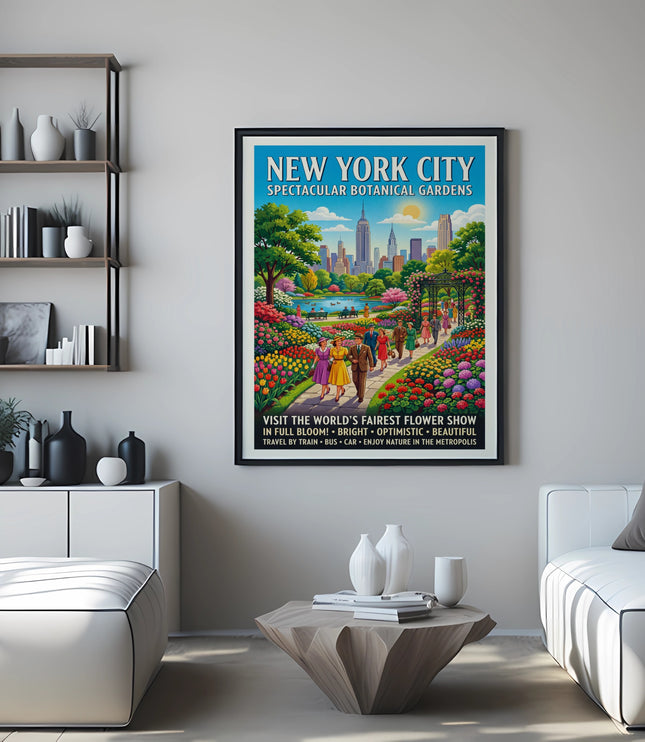 New York City Spectacular Botanical Gardens travel poster with cityscape and flowers.