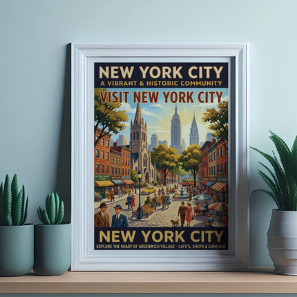 New York City poster with vintage illustration of Greenwich Village and its text.