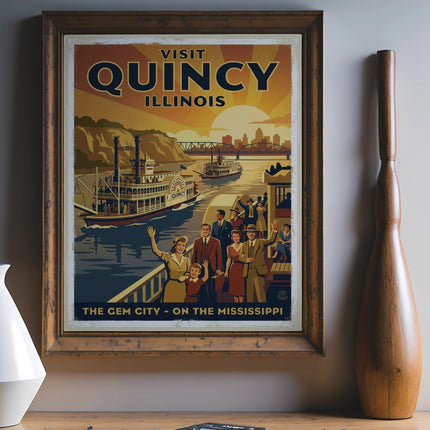 Visit Quincy Illinois poster depicts paddleboats on a river with families waving.