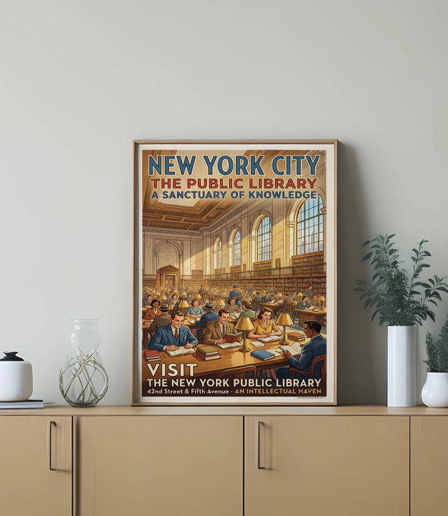 New York City Public Library poster showing people reading in a grand hall.