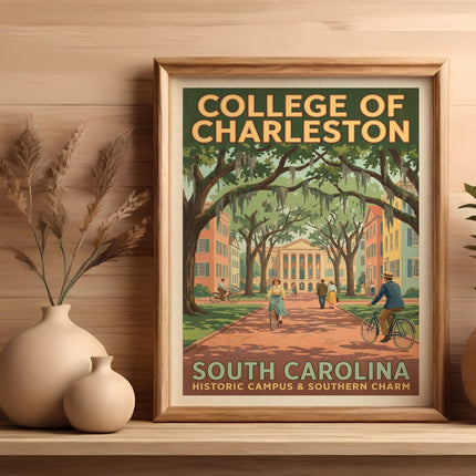 College of Charleston, South Carolina historic campus art print with people biking.