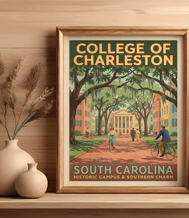 College of Charleston, South Carolina historic campus art print with people biking.