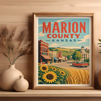 Marion County Kansas vintage travel poster with sunflowers and a red car.
