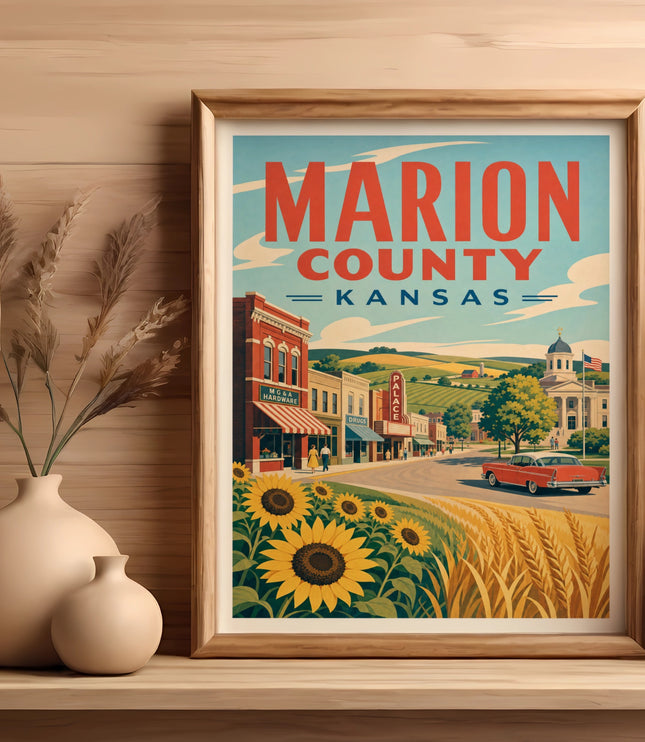 Marion County Kansas vintage travel poster with sunflowers and a red car.