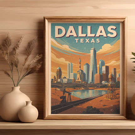 Framed "Dallas Texas" skyline art with vases on a wooden shelf.