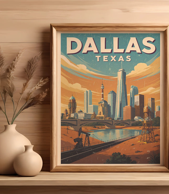 Framed "Dallas Texas" skyline art with vases on a wooden shelf.