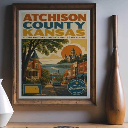 Atchison County Kansas poster with historic town, river, and "Where History Meets Hospitality" text.