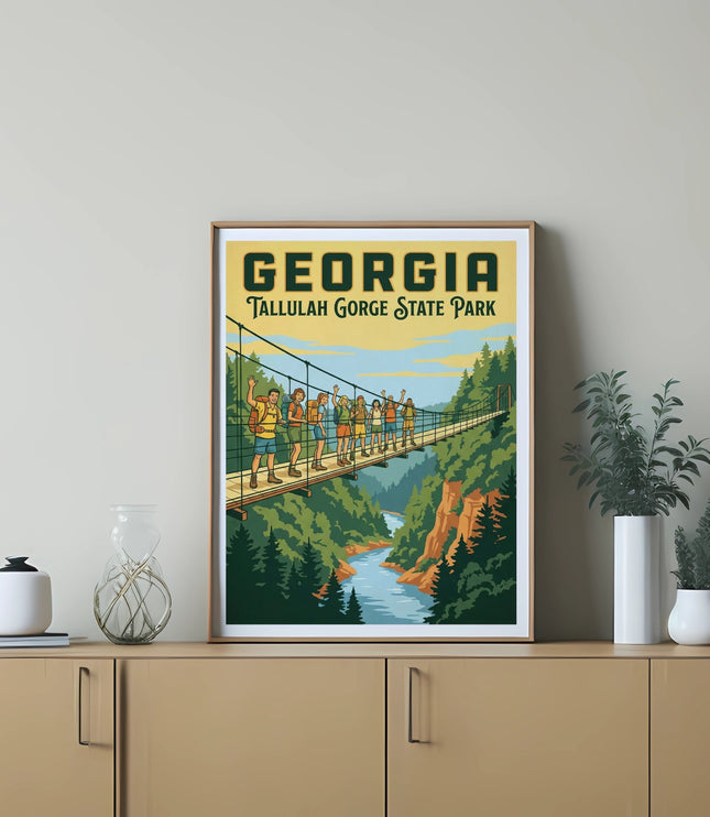 Georgia Tallulah Gorge State Park poster with hikers on a suspension bridge.
