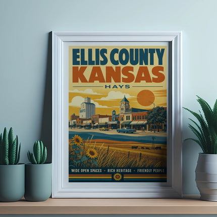 Framed poster for Ellis County, Kansas, featuring a retro illustration of Hays with sunflowers.