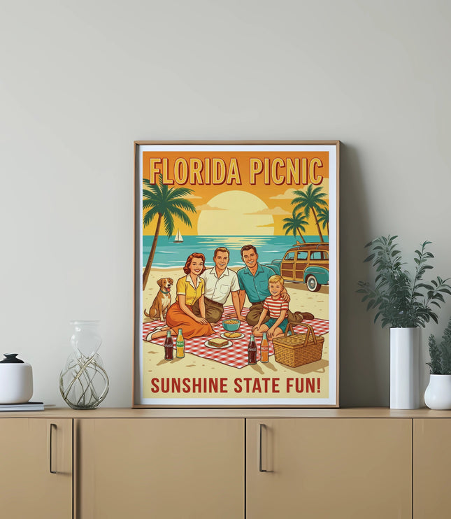 Retro poster of a family picnic on a Florida beach with text "Florida Picnic" and "Sunshine State Fun".