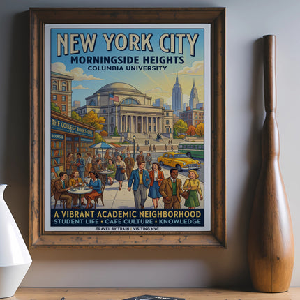 New York City Morningside Heights poster with Columbia University and street scene.