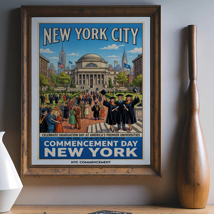 Vintage "New York City Commencement Day" poster with graduates in a city street.