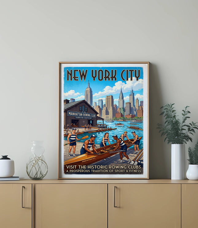 New York City skyline and rowing club with rowers in vintage style.