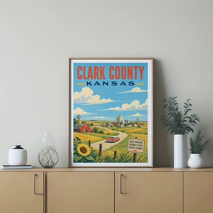 Clark County, Kansas travel poster with farm scene and red car.