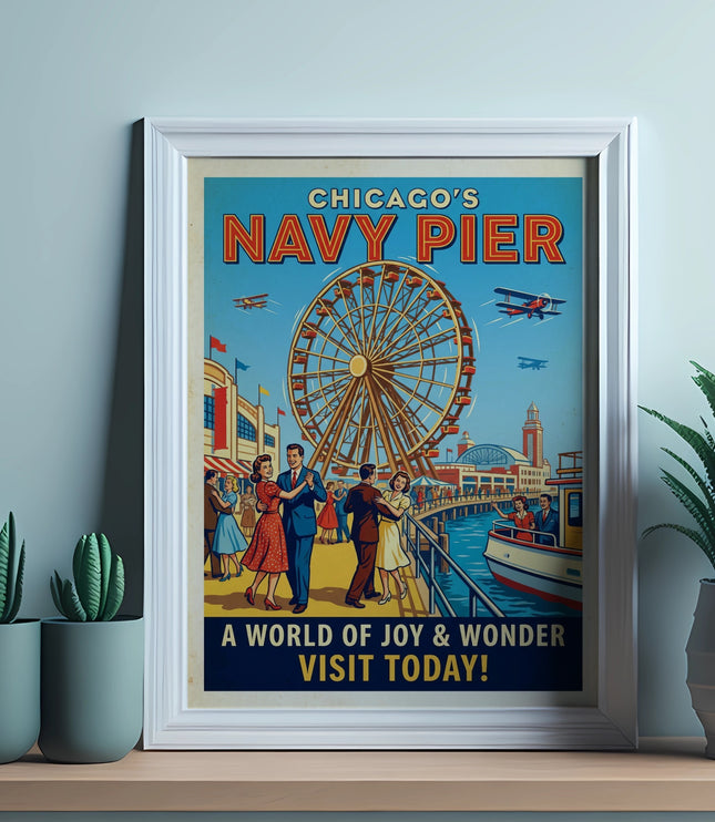 Chicago's Navy Pier vintage poster showing a Ferris wheel, dancing couples, and biplanes.
