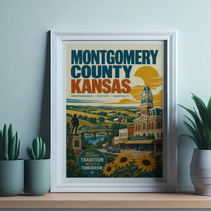 Montgomery County Kansas poster with sunflowers, historic buildings, and bridge.