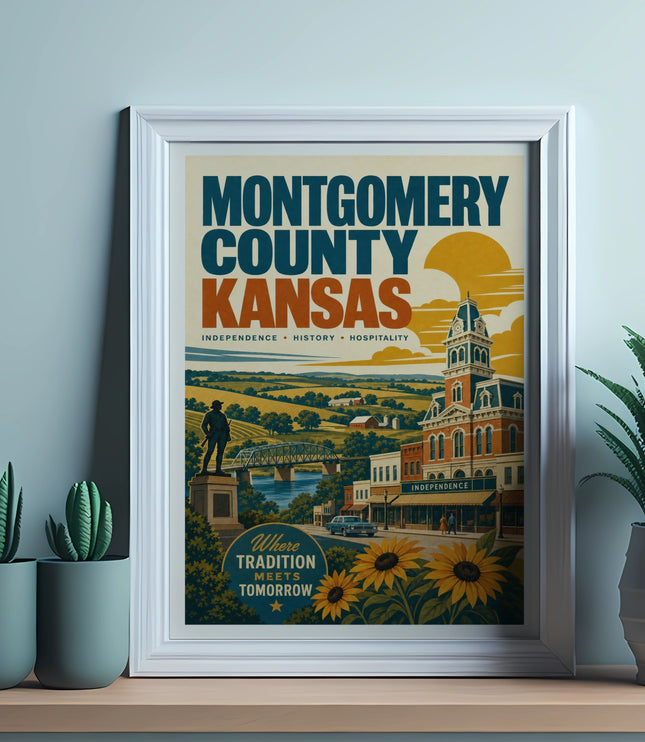 Montgomery County Kansas poster with sunflowers, historic buildings, and bridge.