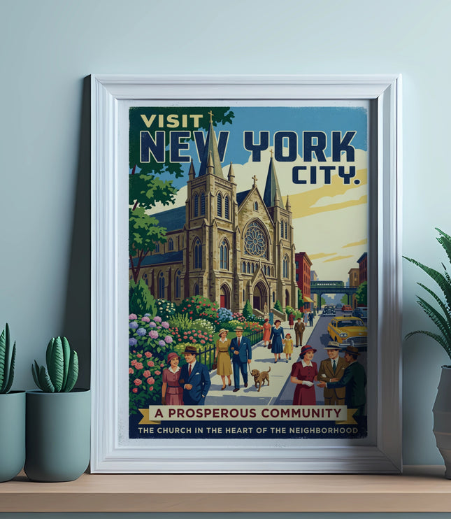 Vintage "Visit New York City" poster of a church with people and a yellow taxi.