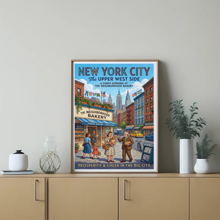 New York City Upper West Side poster with bakery and city street scene.