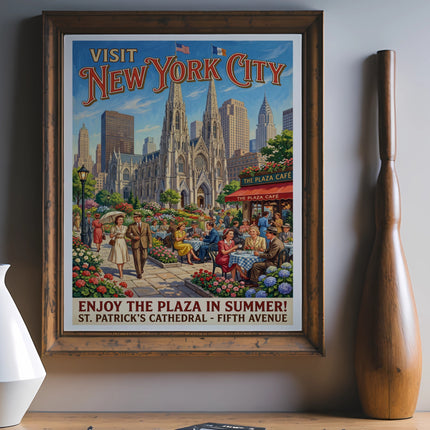 Vintage travel poster for New York City, featuring St. Patrick's Cathedral and The Plaza Café.