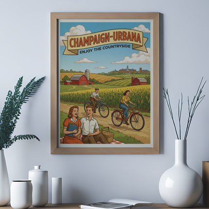 Vintage CHAMPAIGN-URBANA Enjoy the Countryside poster with people cycling.