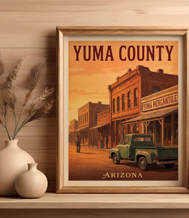 Yuma County, Arizona vintage poster with buildings and a truck.