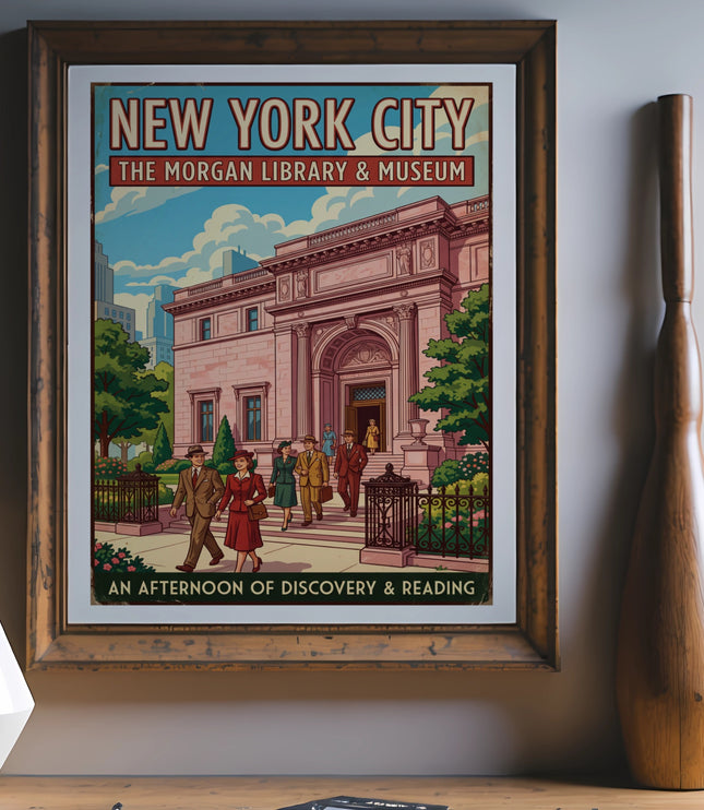 Vintage poster of New York City, Morgan Library & Museum, with people walking.