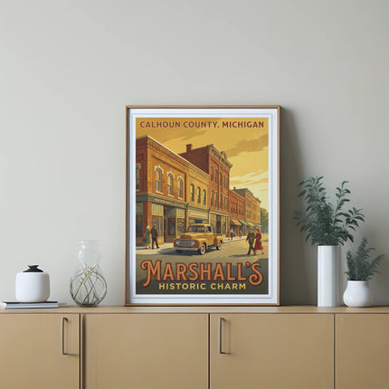 Vintage poster of Marshall's Historic Charm in Calhoun County, Michigan.