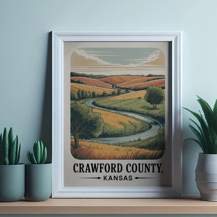 Framed print of rolling hills, a winding river, and fields, with text "Crawford County, Kansas".