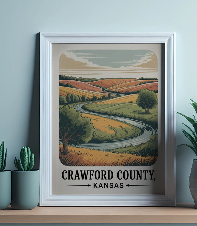 Framed print of rolling hills, a winding river, and fields, with text "Crawford County, Kansas".