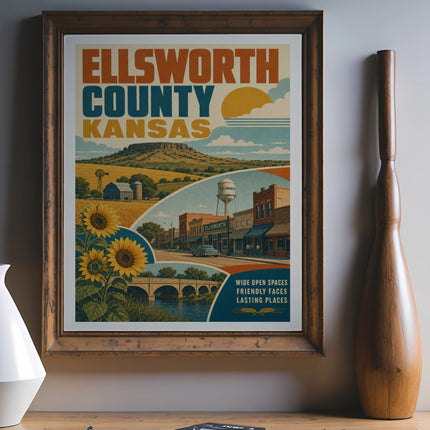Ellsworth County, Kansas vintage travel poster with sunflowers, town scene, and text.