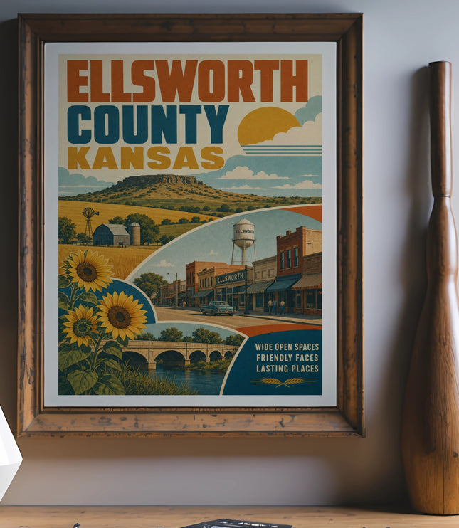 Ellsworth County, Kansas vintage travel poster with sunflowers, town scene, and text.