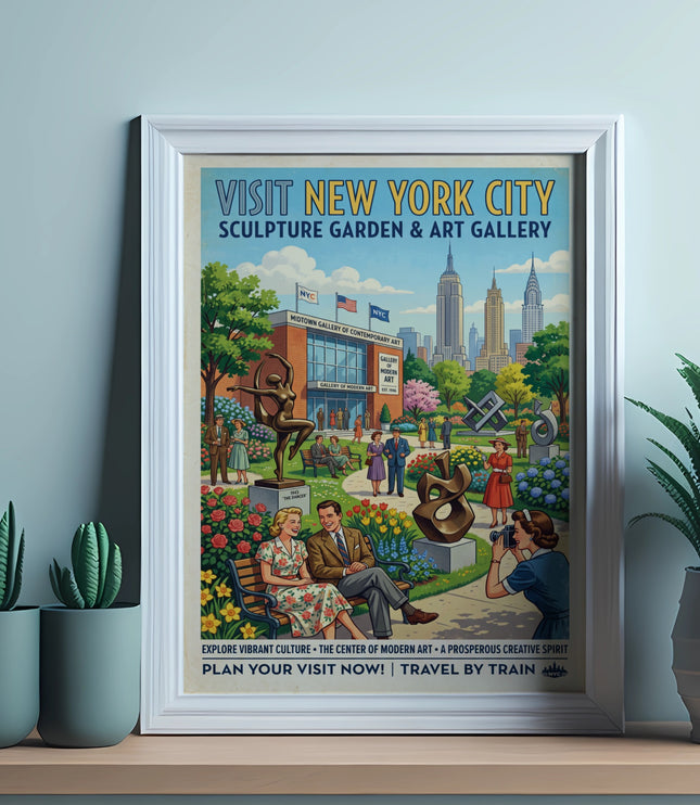Vintage poster advertising New York City Sculpture Garden & Art Gallery with city skyline.