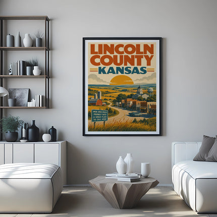 Poster of Lincoln County, Kansas featuring a town scene with text.