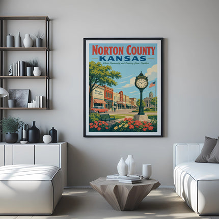 Norton County Kansas travel poster with town square scene.