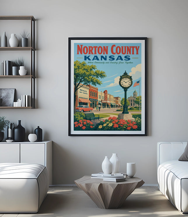 Norton County Kansas travel poster with town square scene.