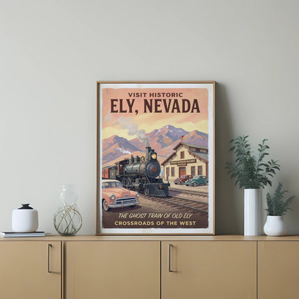 Vintage poster for Ely, Nevada, featuring a train, car, and historic building.