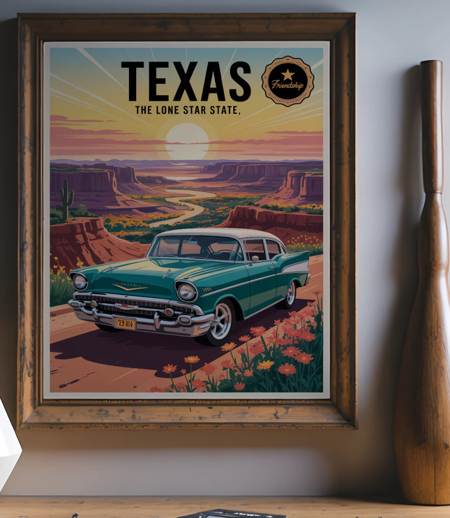 Retro teal and white classic car on a Texas desert road under a sunset.