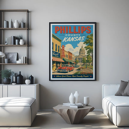 Phillips County, Kansas travel poster featuring Newell Store and courthouse square.