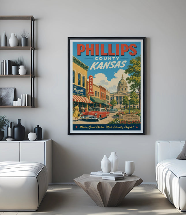 Phillips County, Kansas travel poster featuring Newell Store and courthouse square.
