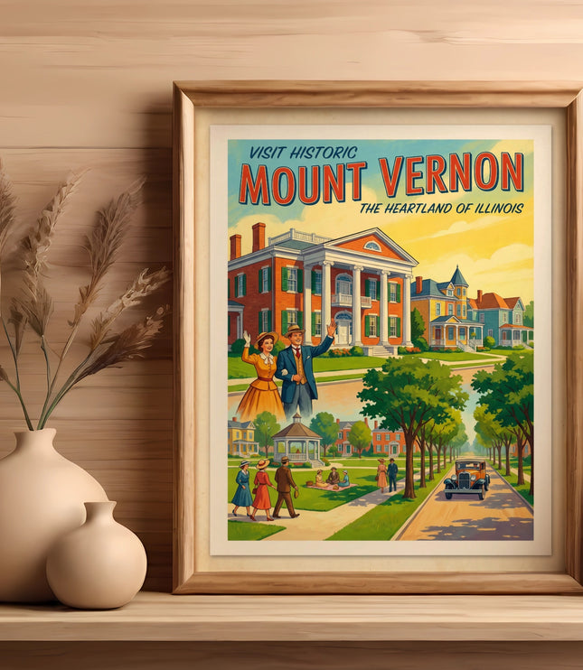Vintage travel poster for Mount Vernon, Illinois, featuring a neoclassical building and people.